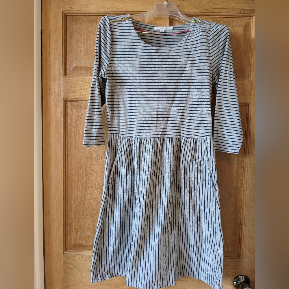 Size 10 Boden Grey Dress with Navy Blue Stripes and Gold Shoulder Zippers
